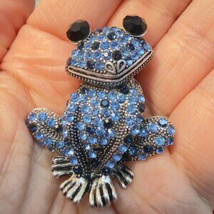 Frog Brooch Silver Tone with Blue Rhinestone Statement Pin 1.5”